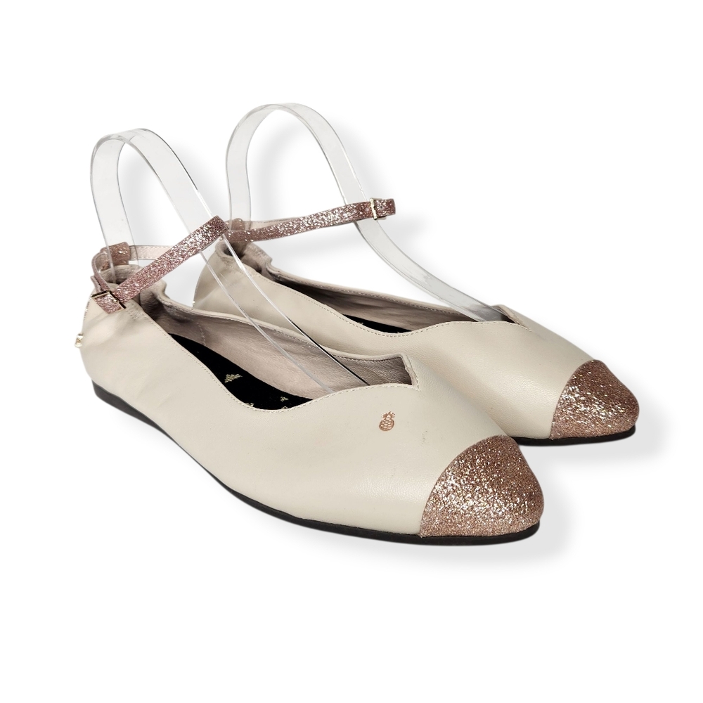 Seecaas Ella Leather Ballet Flats Ankle Strap Cream Pink Glitter Cap Toe Size 10